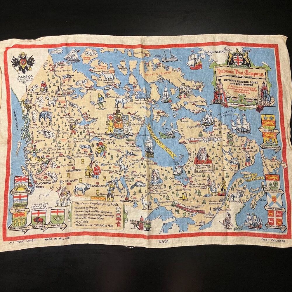 VTG Hudson's Bay Company Canada & Alaska Map Linen Tea Towel – Coat of Arms